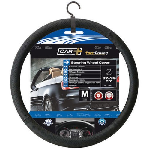 STEERING WHEEL COVER LEATHER BLACK  LUXE  37-39CMS
