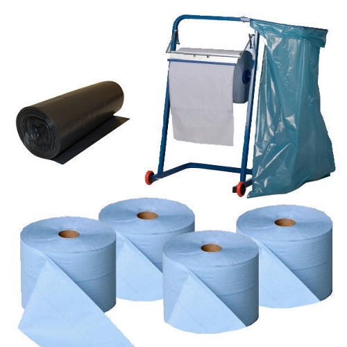 4 x LGE. BLUE PAPER ROLL PROMO INC STAND & BLACK SACS