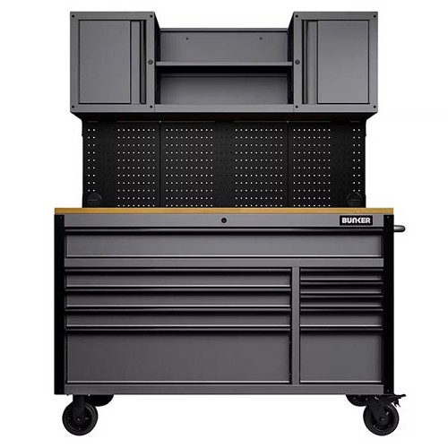 BUNKER 10 Drawer Roller Workstation with Workbench 56" Light Grey